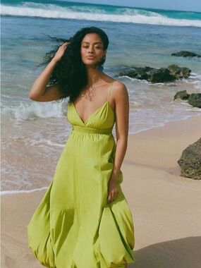 Anthropologie Lime Green Spaghetti-Strap Maxi Dress